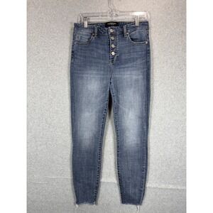 Liverpool Jeans Womens 29 High Rise Ankle Blue Button Fly Skinny Raw Hem Stretch